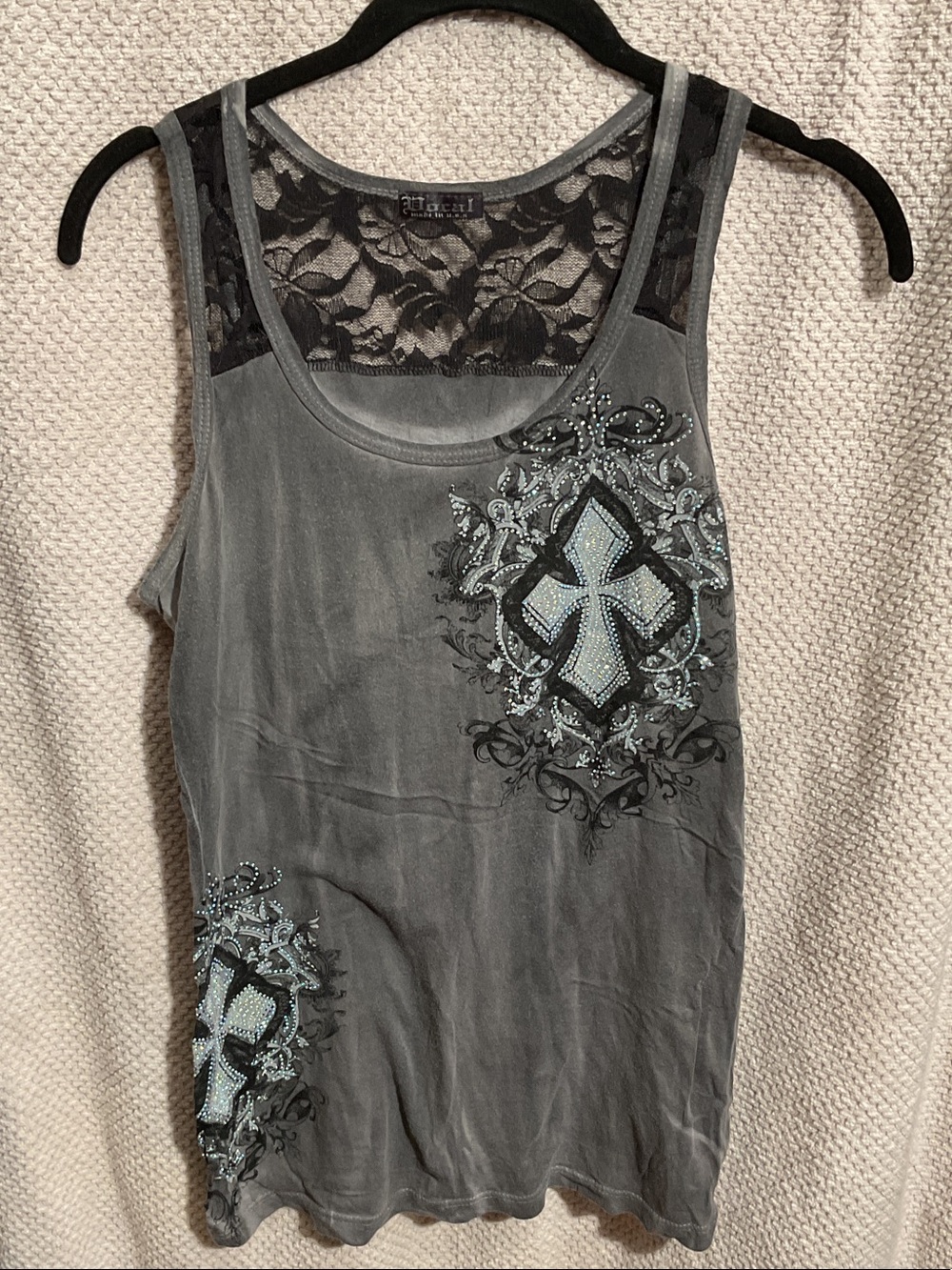 Vocal Gray Lace-Back Embellished Cross Tank